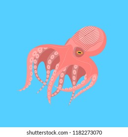 Cartoon Sad Pink Cute Octopus Character Funny Underwater Animal Concept Flat Design Style. Vector illustration