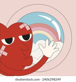 Cartoon sad red Heart near aircraft window in trendy Groovy style. Valentine's Day greeting card design. Vector illustration can used web and socila media banner, poster, brochure