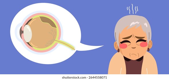 Cartum de uma triste mulher idosa experimentando ilustração do vetor de descolamento da retina. Desenho para o tema saúde ocular, envelhecimento e consciência médica