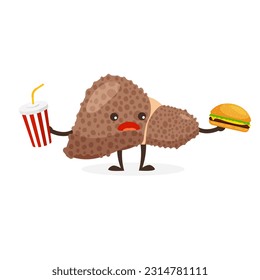 Cartoon sad sick liver with hamburger and soda. Unhealthy internal organ requires care or medical treatment. Pain, disease. Vector illustration.