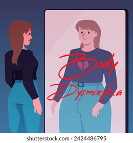 Cartoon sad skinny woman looks in mirror and see fat obese reflection. Body dysmorphia vector poster. Upset slim girl suffer from mental health problem. Eating disorder, anorexia or bulimia disease