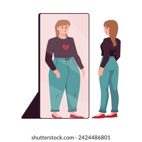 Cartoon sad skinny woman looks in mirror and see fat obese reflection. Upset thin slim girl suffer from Eating disorder, anorexia or bulimia disease. Mental health problem vector illustration