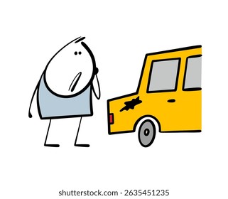 Cartoon sad cartoon stickman looks at a spot on the car. Vector illustration of an accident on the road, the driver scratched the taxi transport.