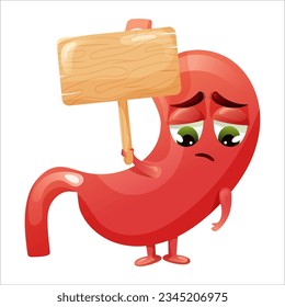 Cartoon sad stomach character with wooden sign in hands for text. Concept sick internal organ abdominal cavity. Vector illustration isolated white background.
