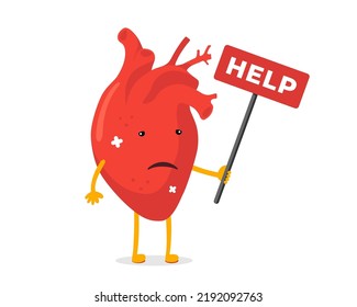 Cartoon sad suffering sick human heart character. Unhealthy damage circulatory cardiology organ mascot with help sign. Attack illness and pain concept vector eps illustration