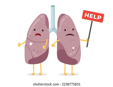 Cartoon sad suffering sick lungs characters. Unhealthy damage human respiratory system internal organ mascot with help sign. Illness and pain lung pair concept. Medical anatomy damage vector eps