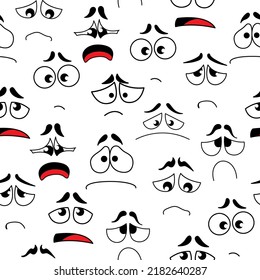 Cartoon sad, unhappy, anxious faces seamless pattern. Vector background with plaintive, deplorable personages emoji. Comic characters tragic facial expression, negative feelings, sadness emotions