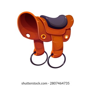 Cartoon saddle Wild West and Western cowboy horse riding equipment game icon. Vector traditional frontier equestrian gear. Rustic rodeo ranch tack in brown leather with strap, buckle, metal ring