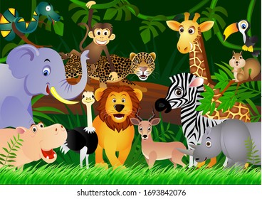 Cartoon safari animals with forest background