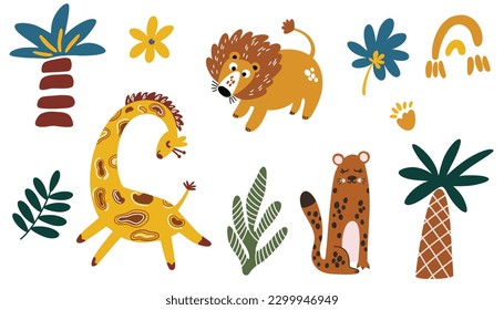 Cartoon safari animals set. Giraffe, tiger, leopard, palm trees, leaves and flowers. Tropics and jungles. Scandinavian elements. Vector illustration for printing on fabric, packaging paper. 