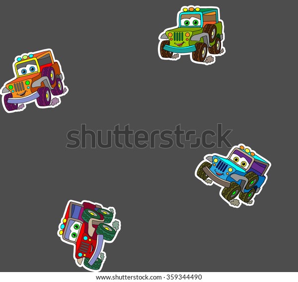 Cartoon\
safari car sticker for boys isolated on grey background. Applique\
Seamless Background. Funny smile car in paper cut style. Comic\
character pattern for textile or scrapbook.\
