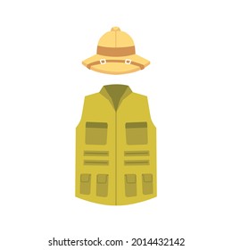 Cartoon safari clothing - topee hat and green vest isolated on white background. Travel clothes for outdoor adventure expedition, vector illustration.