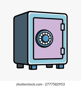 Cartoon safe box with purple door and blue accents security vector illustration isolated on white background.