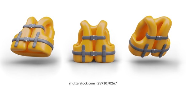 Cartoon safety jacket in different positions. Life vest for emergency situation in yellow colors with black elements. Safe swimming concept. Vector illustration in 3d style