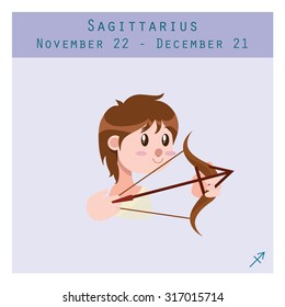 Cartoon Sagittarius zodiac sign with duration and symbol in lower corner