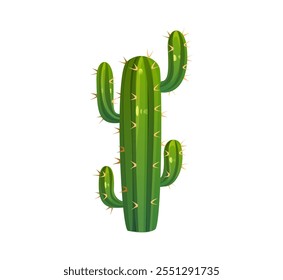 Cactus saguaro de dibujos animados con púas prominentes. Vector aislado alto, verde, planta suculenta del desierto con gruesos brazos verdes y espinas, símbolo de la cultura mexicana, resiliencia, viajes y naturaleza occidental