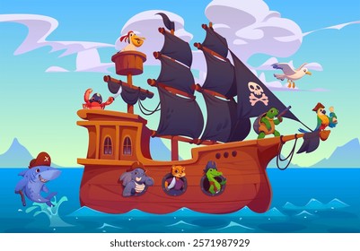 Cartoon sail ship with animal pirates characters. Vector brigantine with parrot, turtle, crocodile and tiger, elephant, crab and pelican bird crew sailing across the ocean with shark enjoying journey