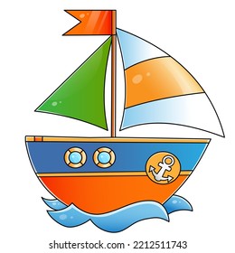 Cartoon sail ship. Images of sea transport for children. Colorful vector illustration for kids.