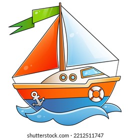 Cartoon sail ship. Images of sea transport for children. Colorful vector illustration for kids.