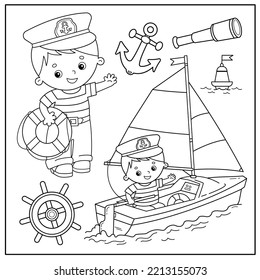 Cartoon sail ship with sailor. Seaman with lifebuoy, spyglass, anchor and  helm. Images of sea transport for children. Profession. Coloring book for kids