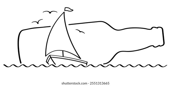 Cartoon sailboat and bottle. sail boat line pattern. ship, fishing boats sign. Water transport concept. Maritime yacht boat. Water wave. Sailing ship for fun and holiday sports.