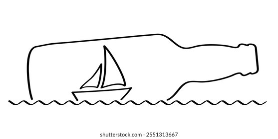 Cartoon sailboat and bottle. sail boat line pattern. ship, fishing boats sign. Water transport concept. Maritime yacht boat. Water wave. Sailing ship for fun and holiday sports.