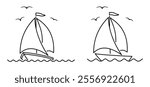 Cartoon sailboat and flying birds. sail boat line pattern. ship, fishing boats sign. Water transport concept. Maritime yacht boat. Water wave. Sailing ship for fun and holiday sports.