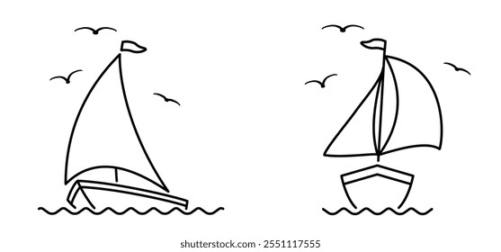 Cartoon sailboat and flying birds. sail boat line pattern. ship, fishing boats sign. Water transport concept. Maritime yacht boat. Water wave. Sailing ship for fun and holiday sports.