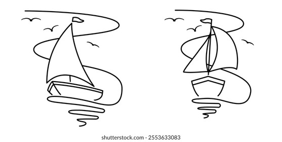 Cartoon sailboat and flying birds. sail boat line pattern. ship, fishing boats sign. Water transport concept. Maritime yacht boat. Water wave. Sailing ship for fun and holiday sports.