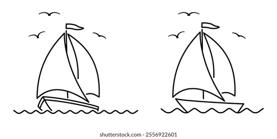 Cartoon sailboat and flying birds. sail boat line pattern. ship, fishing boats sign. Water transport concept. Maritime yacht boat. Water wave. Sailing ship for fun and holiday sports.