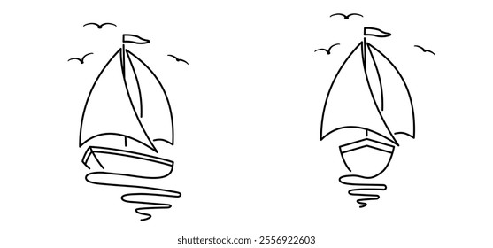 Cartoon sailboat and flying birds. sail boat line pattern. ship, fishing boats sign. Water transport concept. Maritime yacht boat. Water wave. Sailing ship for fun and holiday sports.