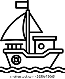 Cartoon Sailboat Icon on Water Waves