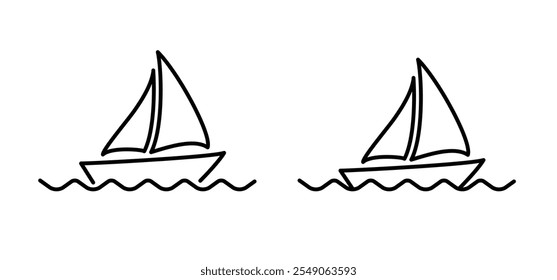 Cartoon sailboat icon. sail boat line pattern. ship, fishing boats sign. Water transport concept. Maritime yacht boat. Water wave. Sailing ship for fun and holiday sports.