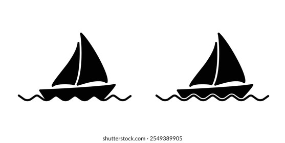 Cartoon sailboat icon. sail boat line pattern. ship, fishing boats sign. Water transport concept. Maritime yacht boat. Water wave. Sailing ship for fun and holiday sports.