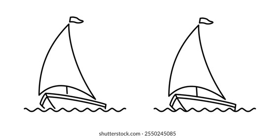 Cartoon sailboat icon. sail boat line pattern. ship, fishing boats sign. Water transport concept. Maritime yacht boat. Water wave. Sailing ship for fun and holiday sports.