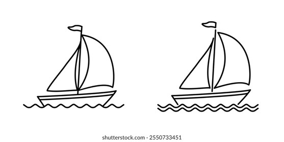 Icono de velero de dibujos animados. patrón de línea de velero. barco, signo de barcos de pesca. Concepto de transporte acuático. Barco de yate marítimo. Ola de agua. Barco de vela para la diversión y los deportes de vacaciones.