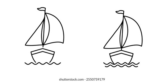 Cartoon sailboat icon. sail boat line pattern. ship, fishing boats sign. Water transport concept. Maritime yacht boat. Water wave. Sailing ship for fun and holiday sports.