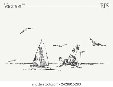 Cartoon Segelboot auf tropischem Strand mit Palmen und Möwen. Handgezeichnete Vektorgrafik.