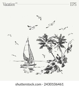 Cartoon sailboat on tropical beach with palm trees and seagulls. Hand drawn vector illustration.