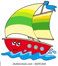 Cartoon Sailboat On White Background - Vector Illustration.