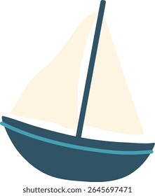 Cartoon sailboat with sail on the sea. Vector illustration. Ideal for kids, toy design, and regatta scenes.