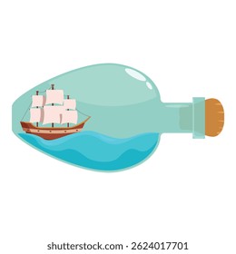 Cartoon sailboat is sailing on blue water inside a clear glass bottle with a cork stopper