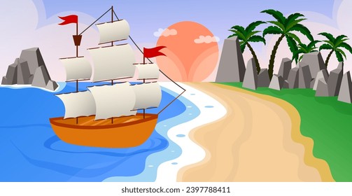 Barco de caricatura. Barco cerca de la isla al atardecer.