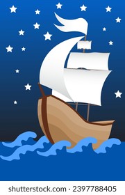 Cartoon sailboat. Ship at sea and stars. 