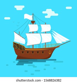 Cartoon Sailboat or Ship with White Sails at Sea or Ocean Scene Concept Element Flat Design Style. Vector illustration