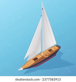 Cartoon sailboat with white sails, wooden deck. Blue ocean. Sea boat, marine ship. Nautical transport, yacht travel, summer vacation. Holiday cruise, adventure journey. Isometric vector illustration