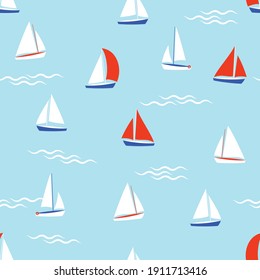 cartoon sailboats and waves on a light blue background, seamless pattern