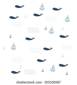 Cartoon sailfish with whale (white)