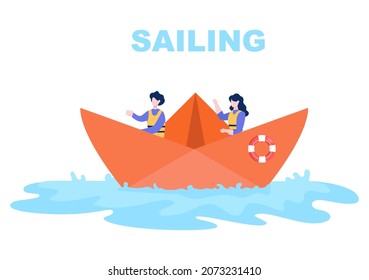 Cartoon Sailing Boat with Sea or Lake View Background Vector Illustration. Summer Time for Leisure, Sports Activity and Recreation Outdoors Lifestyle
