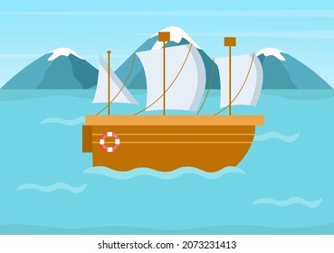 Cartoon Sailing Boat with Sea or Lake View Background Vector Illustration. Summer Time for Leisure, Sports Activity and Recreation Outdoors Lifestyle

